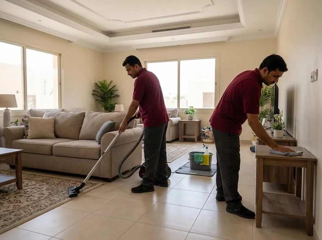 التنظيف 1 مشهد توضيحي لتنظيف أرضية غرفة معيشة ومسح أسطحها