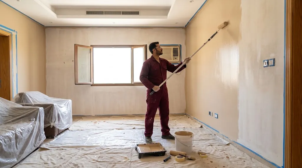 الدهانات والديكورات 1 مشهد توضيحي لدهان جدار داخلي برول وعصا تمديد مع حماية الأثاث والأرضية