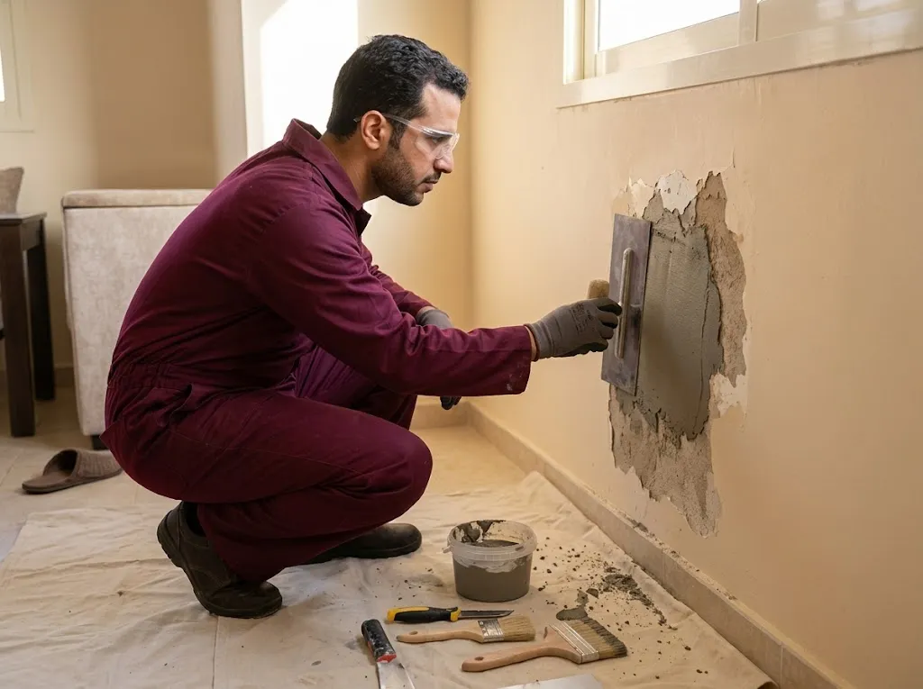 الترميم 3 مشهد توضيحي لتطبيق مادة إصلاح وتسويتها في موضع لياسة متضرر أسفل نافذة