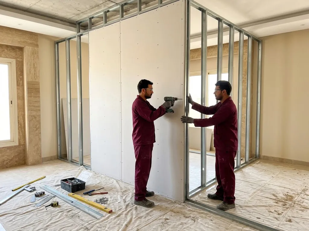 الجبس بورد 2 مشهد توضيحي لتركيب ألواح جبس بورد على هيكل معدني لقاطع داخلي مع فتحة باب