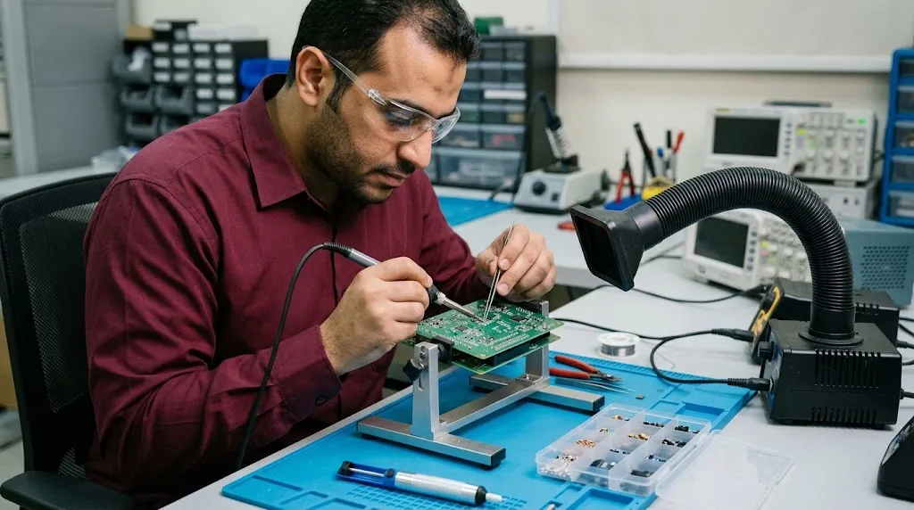 خدمات الأجهزة الإلكترونية 3 مشهد توضيحي للعمل على مكونات لوحة إلكترونية بأدوات إصلاح