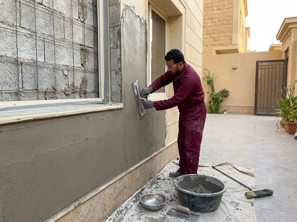 اللياسة 1 مشهد توضيحي لفني يسوي لياسة خارجية حول نافذة مع حماية إطارها